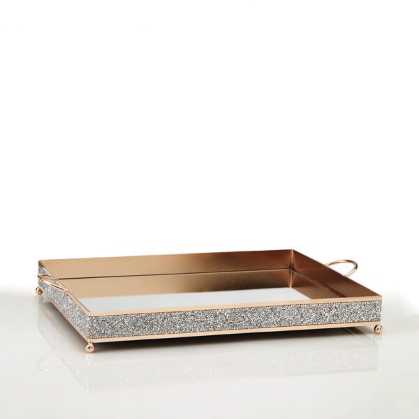 Ορθογώνιος χρυσός δίσκος γάμου με καθρέφτη και ασημένια στρας DM-0670